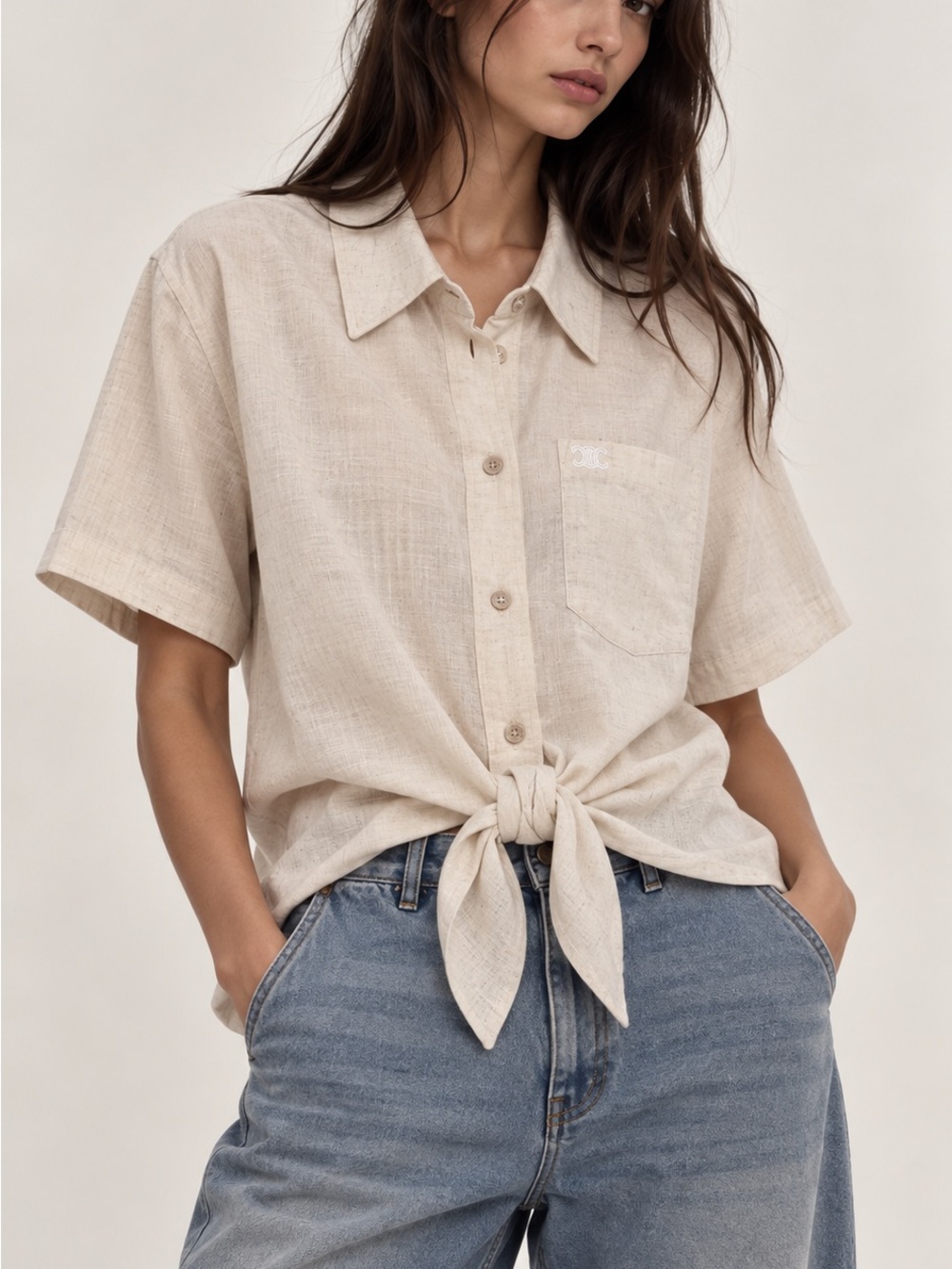 Celine Beige Tie-Front Button Down Shirt